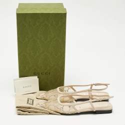 Pre Owned Gucci Beige Suede and Mesh Crystal Embellished Slingback Flats Size 37.5