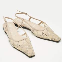 Pre Owned Gucci Beige Suede and Mesh Crystal Embellished Slingback Flats Size 37.5