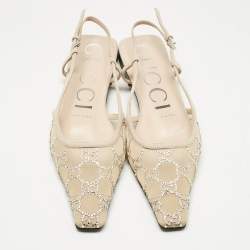 Pre Owned Gucci Beige Suede and Mesh Crystal Embellished Slingback Flats Size 37.5