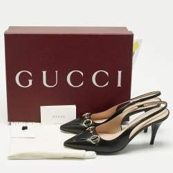Pre Owned Gucci Black Leather Horsebit Slingback Pumps Size 37.5
