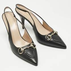 Pre Owned Gucci Black Leather Horsebit Slingback Pumps Size 37.5