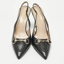 Pre Owned Gucci Black Leather Horsebit Slingback Pumps Size 37.5