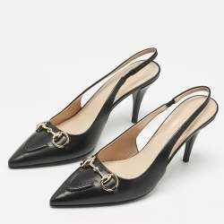 Pre Owned Gucci Black Leather Horsebit Slingback Pumps Size 37.5