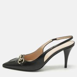 Pre Owned Gucci Black Leather Horsebit Slingback Pumps Size 37.5