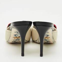 مملوكة مسبقًا حذاء سلايد غوتشي جلد أسود/كريمي مزين فيونكة ويب مقدمة مدببة مقاس 37.5