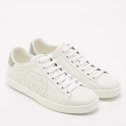 Pre Owned Gucci White Perforated Interlocking G Leather Ace Sneakers Size 36