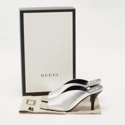 Pre Owned Gucci Silver Leather Square G Mules Size 35.5