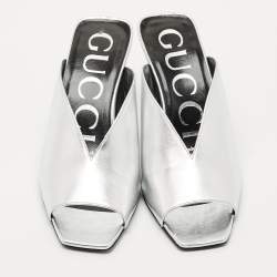 Pre Owned Gucci Silver Leather Square G Mules Size 35.5