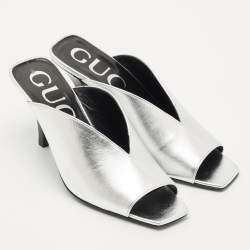 Pre Owned Gucci Silver Leather Square G Mules Size 35.5