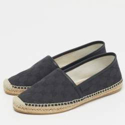 Pre Owned Gucci Navy Blue/Black Denim and Leather GG Canvas Espadrille Flats Size 38.5