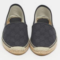 Pre Owned Gucci Navy Blue/Black Denim and Leather GG Canvas Espadrille Flats Size 38.5