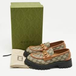 Pre Owned Gucci Beige Coated Canvas and Leather Horsebit GG Canvas Platform Loafers Size 39.5