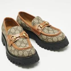 Pre Owned Gucci Beige Coated Canvas and Leather Horsebit GG Canvas Platform Loafers Size 39.5