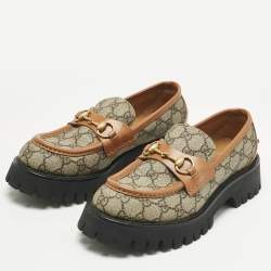Pre Owned Gucci Beige Coated Canvas and Leather Horsebit GG Canvas Platform Loafers Size 39.5