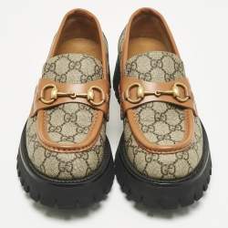 Pre Owned Gucci Beige Coated Canvas and Leather Horsebit GG Canvas Platform Loafers Size 39.5