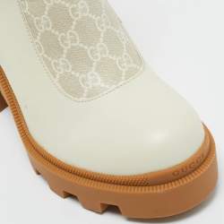 Pre Owned Gucci Off White Leather and GG Supreme Canvas Kensington Ankle Boots Size 42