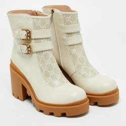 Pre Owned Gucci Off White Leather and GG Supreme Canvas Kensington Ankle Boots Size 42