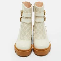 Pre Owned Gucci Off White Leather and GG Supreme Canvas Kensington Ankle Boots Size 42