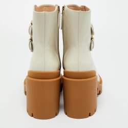 Pre Owned Gucci Off White Leather and GG Supreme Canvas Kensington Ankle Boots Size 42