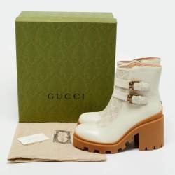 Pre Owned Gucci Off White Leather and GG Supreme Canvas Kensington Ankle Boots Size 42