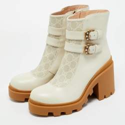 Pre Owned Gucci Off White Leather and GG Supreme Canvas Kensington Ankle Boots Size 42