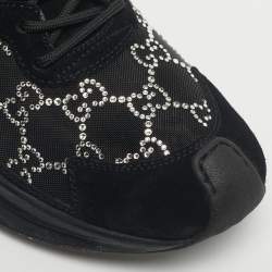 Pre Owned Gucci Black GG Crystal Mesh and Suede Run Sneakers Size 40