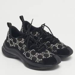 Pre Owned Gucci Black GG Crystal Mesh and Suede Run Sneakers Size 40