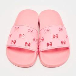 Pre Owned Gucci Pink GG Laser Cut Rubber Pool Slides Size 34