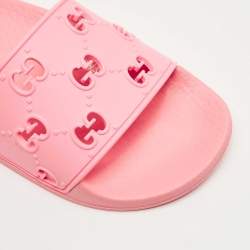 Pre Owned Gucci Pink GG Laser Cut Rubber Pool Slides Size 34