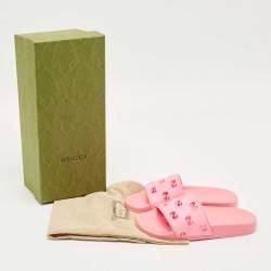 Pre Owned Gucci Pink GG Laser Cut Rubber Pool Slides Size 34