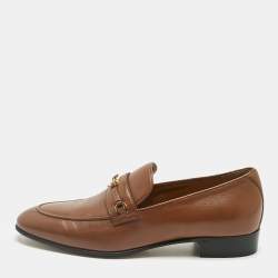 Pre Owned Gucci Brown Leather Horsebit Interlocking G Logo Loafers Size 39
