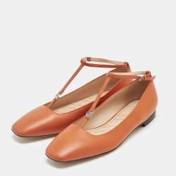 Pre Owned Gucci Orange Leather Interlocking G Logo T Strap Ballet Flats Size 40