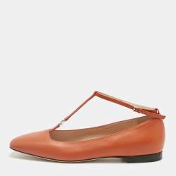 Pre Owned Gucci Orange Leather Interlocking G Logo T Strap Ballet Flats Size 40