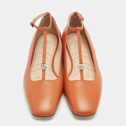 Pre Owned Gucci Orange Leather Interlocking G Logo T Strap Ballet Flats Size 40