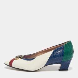 Pre Owned Gucci Multicolor Snakeskin Leather Crystal Double G  Block Heel Pumps Size 38.5