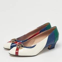 Pre Owned Gucci Multicolor Snakeskin Leather Crystal Double G  Block Heel Pumps Size 38.5