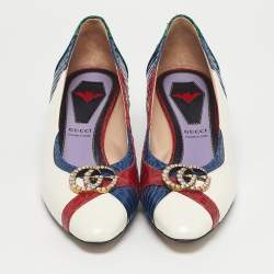 Pre Owned Gucci Multicolor Snakeskin Leather Crystal Double G  Block Heel Pumps Size 38.5
