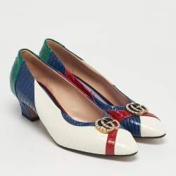 Pre Owned Gucci Multicolor Snakeskin Leather Crystal Double G  Block Heel Pumps Size 38.5