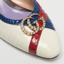 Pre Owned Gucci Multicolor Snakeskin Leather Crystal Double G  Block Heel Pumps Size 38.5