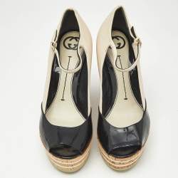 Pre Owned Gucci Beige Patent Leather Cork Wedge Pumps Size 36.5