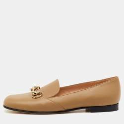 Pre Owned Gucci Khaki Brown Leather Horsebit Slip On Loafers Size 37