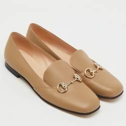 Pre Owned Gucci Khaki Brown Leather Horsebit Slip On Loafers Size 37