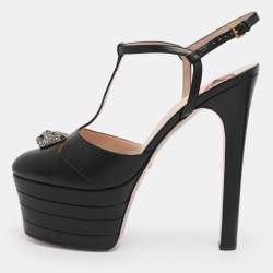 Pre Owned Gucci Black Leather Angel Platform Pumps Size 40.5