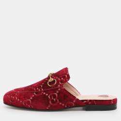 Pre Owned Gucci Red GG Velvet Princetown Flat Mules Size 35