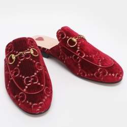 Pre Owned Gucci Red GG Velvet Princetown Flat Mules Size 35