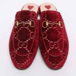Pre Owned Gucci Red GG Velvet Princetown Flat Mules Size 35