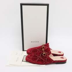 Pre Owned Gucci Red GG Velvet Princetown Flat Mules Size 35