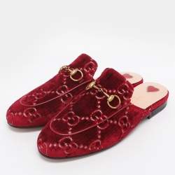 Pre Owned Gucci Red GG Velvet Princetown Flat Mules Size 35