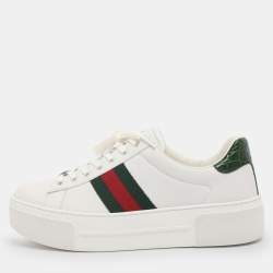 Pre Owned Gucci White Leather Web Ace Platform Sneakers Size 39.5