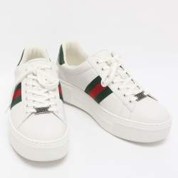 Pre Owned Gucci White Leather Web Ace Platform Sneakers Size 39.5